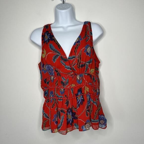 Rebecca Minkoff Top Womens Medium Red Floral Lucy Sleeveless Ruffle Tier Chiffon - Picture 14 of 16